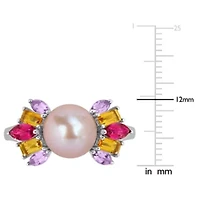 Pink Topaz, Citrine, Rose de France & 7.5-8MM Freshwater Cultured Pearl Ring Sterling Silver