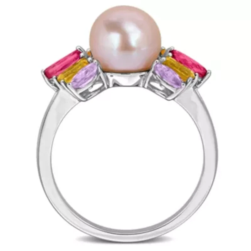 Pink Topaz, Citrine, Rose de France & 7.5-8MM Freshwater Cultured Pearl Ring Sterling Silver