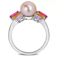 Pink Topaz, Citrine, Rose de France & 7.5-8MM Freshwater Cultured Pearl Ring Sterling Silver