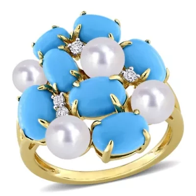 Lab Created Turquoise, White Sapphire & Freshwater Cultured Pearl Ring Yellow Plated Sterling Silver