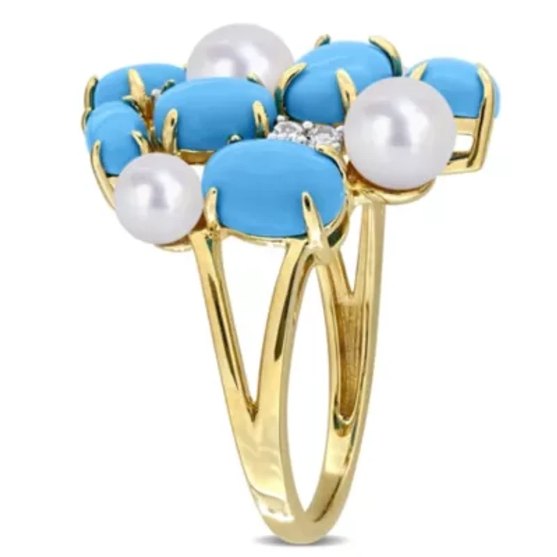 Lab Created Turquoise, White Sapphire & Freshwater Cultured Pearl Ring Yellow Plated Sterling Silver