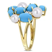 Lab Created Turquoise, White Sapphire & Freshwater Cultured Pearl Ring Yellow Plated Sterling Silver