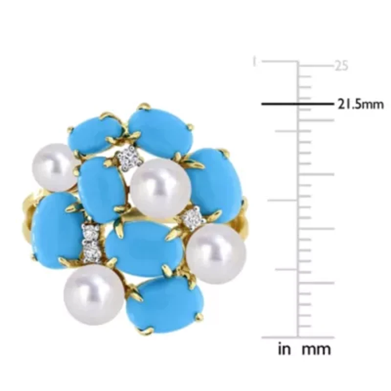 Lab Created Turquoise, White Sapphire & Freshwater Cultured Pearl Ring Yellow Plated Sterling Silver