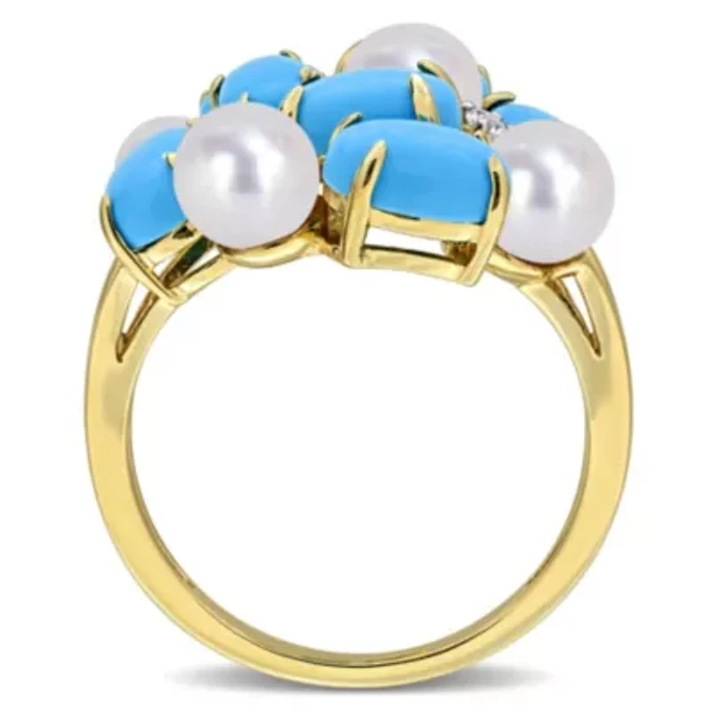 Lab Created Turquoise, White Sapphire & Freshwater Cultured Pearl Ring Yellow Plated Sterling Silver