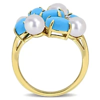 Lab Created Turquoise, White Sapphire & Freshwater Cultured Pearl Ring Yellow Plated Sterling Silver