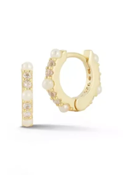 Sterling Silver Cubic Zirconia And Pearl Huggie Hoop Earrings