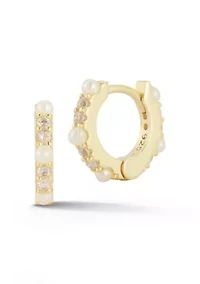 Sterling Silver Cubic Zirconia And Pearl Huggie Hoop Earrings
