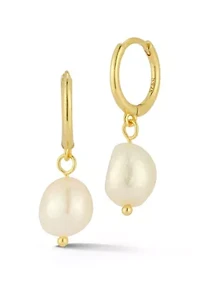 Sterling Silver Pearl Charm Huggie Hoop Earrings