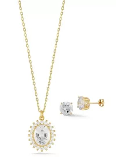 Sterling Silver Cubic Zirconia Halo Pendant Necklace and Stud Earrings Set