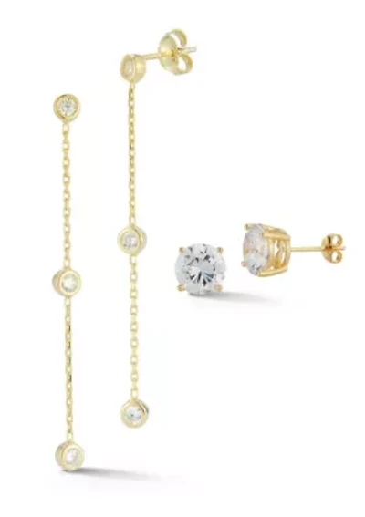 Sterling Silver Cubic Zirconia Bezel Drop and Stud Earrings 2 Pair Set