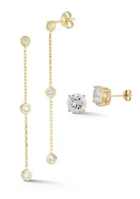 Sterling Silver Cubic Zirconia Bezel Drop and Stud Earrings 2 Pair Set