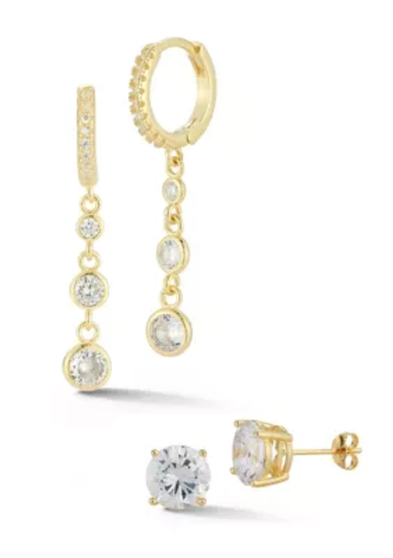 Sterling Silver Cubic Zirconia Bezel Drop Huggie Hoop Earrings and Studs 2 Pair Set