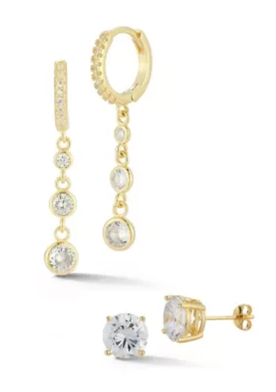 Sterling Silver Cubic Zirconia Bezel Drop Huggie Hoop Earrings and Studs 2 Pair Set