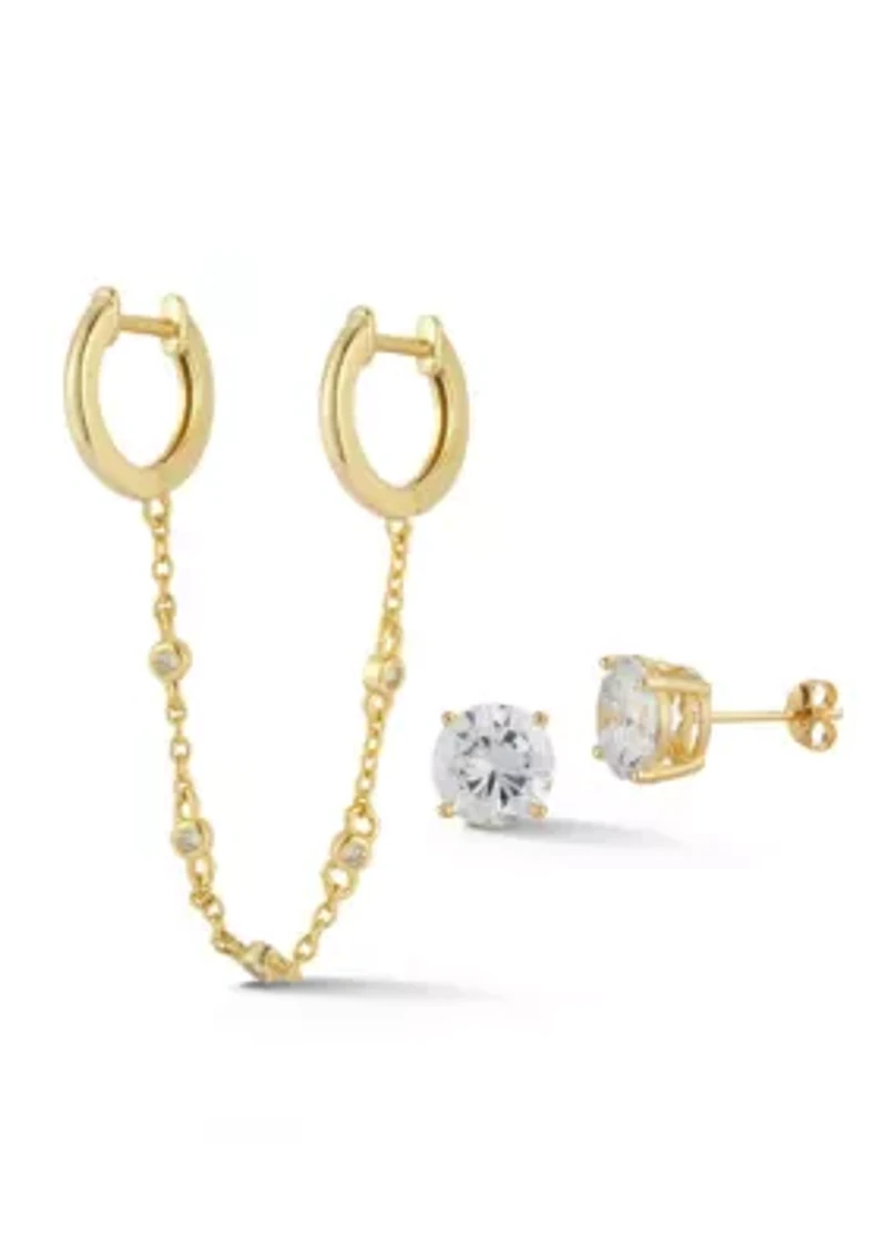 Sterling Silver Cubic Zirconia Double Piercing Earring and Studs Set