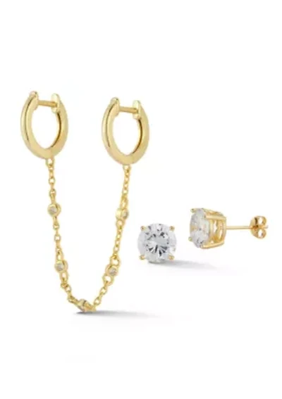 Sterling Silver Cubic Zirconia Double Piercing Earring and Studs Set