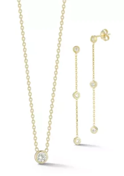 Sterling Silver Cubic Zirconia Bezel Necklace and Drop Earrings Set