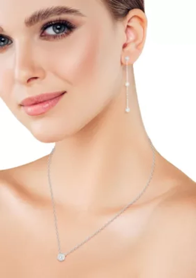 Sterling Silver Cubic Zirconia Bezel Necklace and Drop Earrings Set