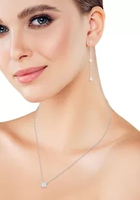 Sterling Silver Cubic Zirconia Bezel Necklace and Drop Earrings Set