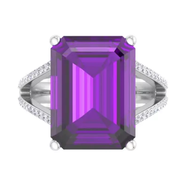 Lab Created 10 1/4 Carat Emerald Cut Gemstone and Grown Diamond Ring Sterling Silver