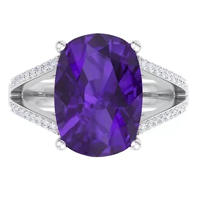 Lab Created 10 1/4 Carat Cushion Cut Gemstone and Grown Diamond Ring Sterling Silver