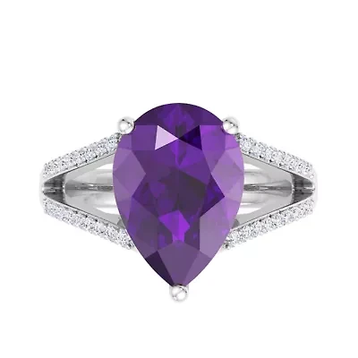 Lab Created 5 1/2 Carat Pear Shape Gemstone and Grown Diamond Ring Sterling Silver