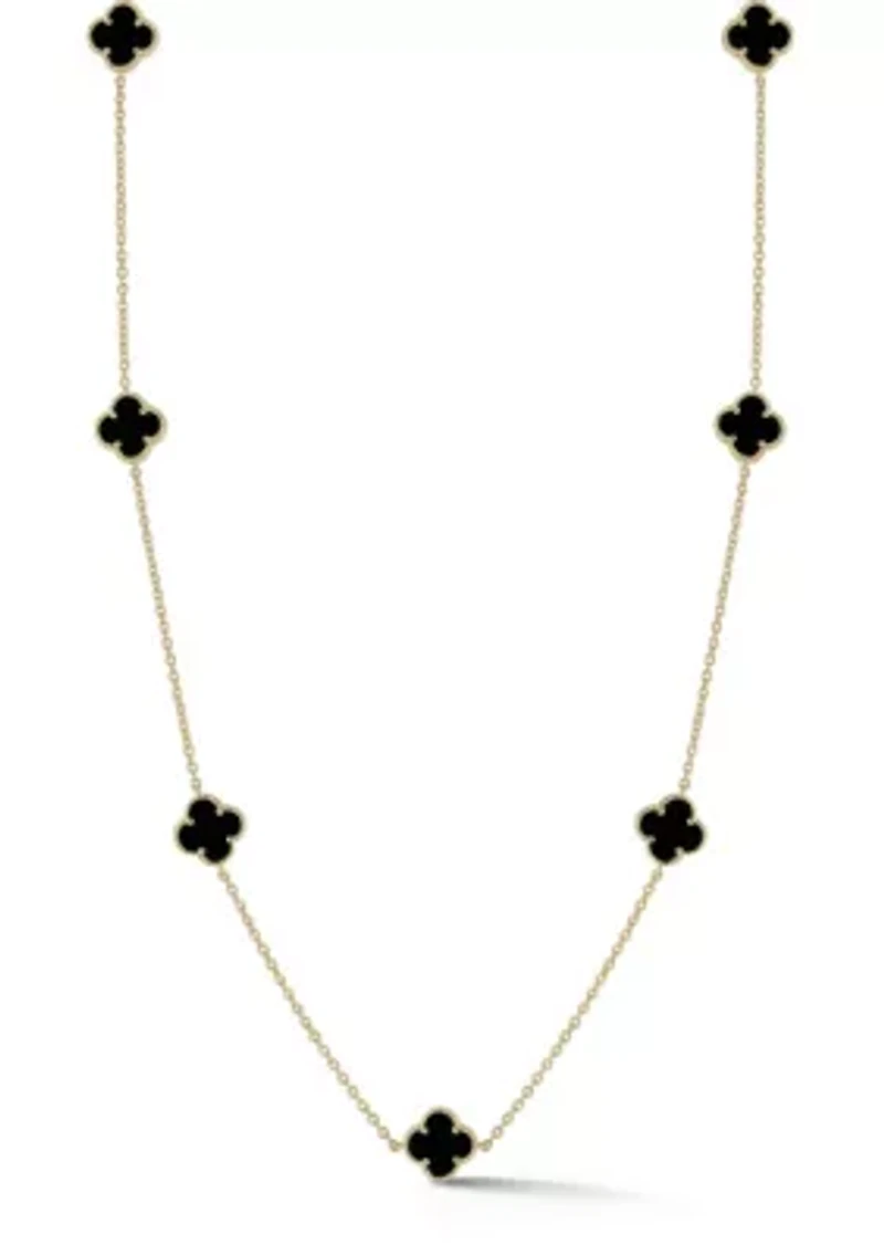 Sterling Silver Black Agate Clover Station Necklace