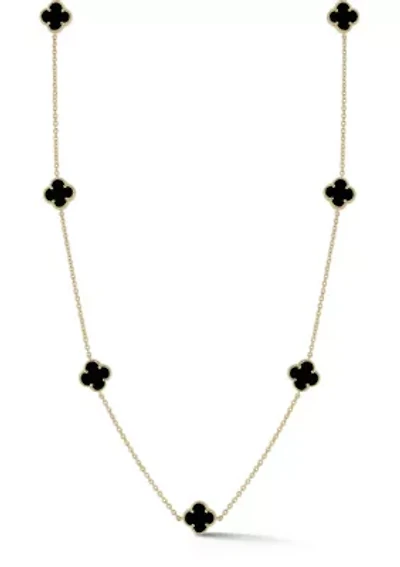 Sterling Silver Black Agate Clover Station Necklace