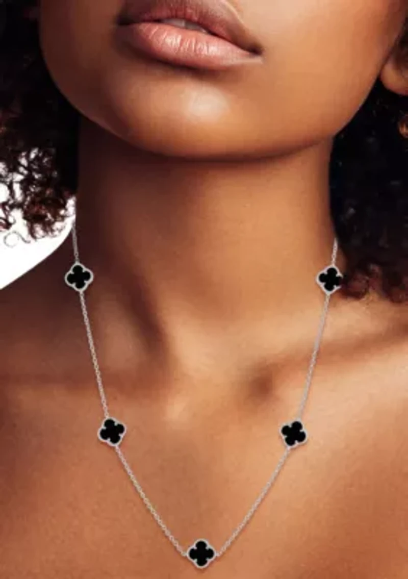Sterling Silver Black Agate Clover Station Necklace