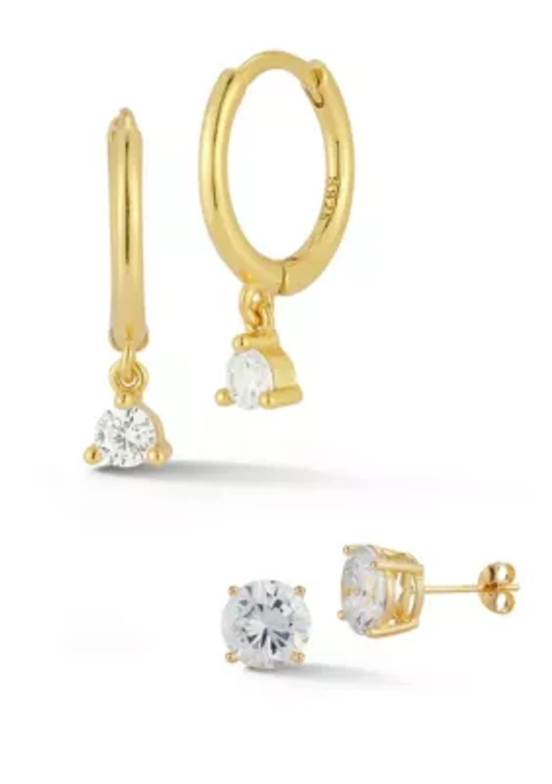 Sterling Silver Cubic Zirconia Charm Huggie Hoop Earrings and Studs 2 Pair Set