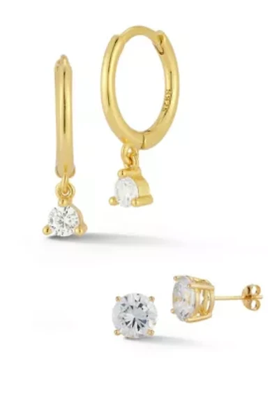 Sterling Silver Cubic Zirconia Charm Huggie Hoop Earrings and Studs 2 Pair Set