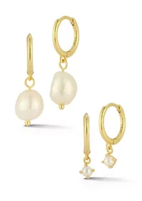 Sterling Silver Pearl Charm Huggie Hoop Earrings 2 Pair Set