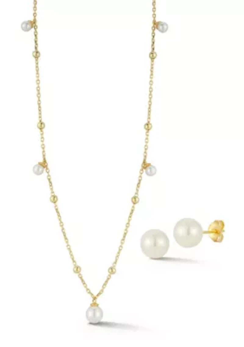 Sterling Silver Pearl Charm Necklace and Studs Set