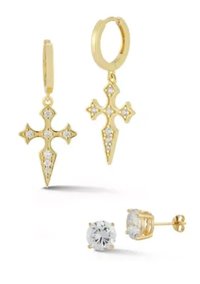 Sterling Silver Cubic Zirconia Pointy Cross Charm Huggie Hoop Earrings and Studs 2 Pair Set