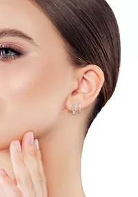 Sterling Silver Curb Chain and Cubic Zirconia Bead Huggie Hoop Earrings 2 Pair Set