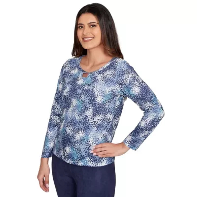 PRINTED POLY SQUARE RING NECK TOP