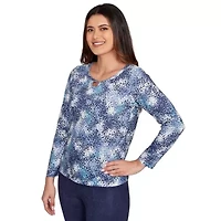 PRINTED POLY SQUARE RING NECK TOP