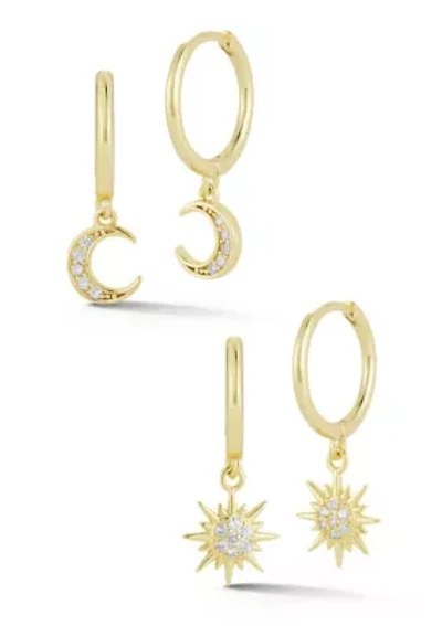 Sterling Silver Cubic Zirconia Moon and Star Charm Huggie Hoop Earrings 2 Pair Set