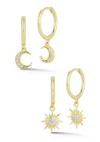 Sterling Silver Cubic Zirconia Moon and Star Charm Huggie Hoop Earrings 2 Pair Set