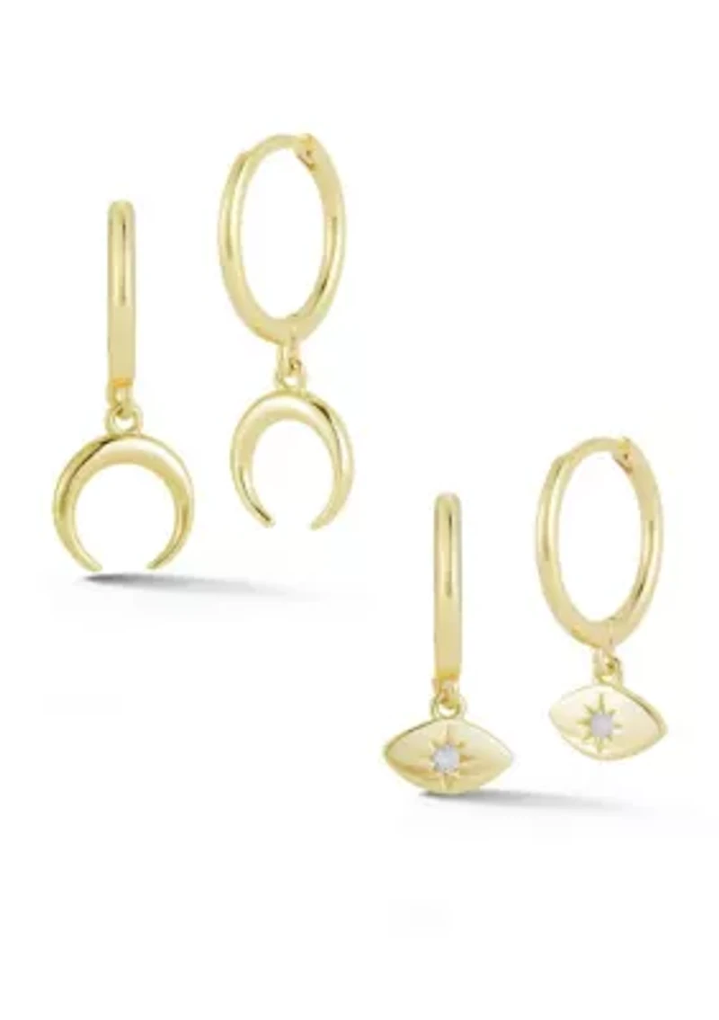 Sterling Silver Moon and Evil Eye Charm Huggie Hoop Earrings 2 Pair Set