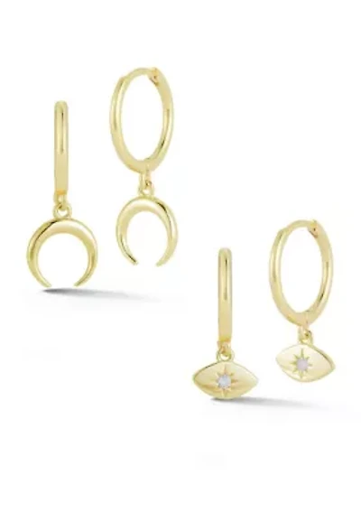 Sterling Silver Moon and Evil Eye Charm Huggie Hoop Earrings 2 Pair Set
