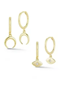 Sterling Silver Moon and Evil Eye Charm Huggie Hoop Earrings 2 Pair Set
