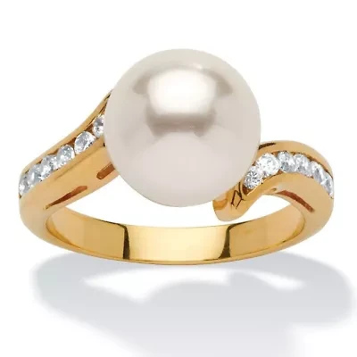.16 TCW Round Simulated Pearl Cubic Zirconia Accent Yellow Gold-Plated Ring