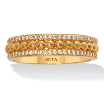 Triple Row Yellow Gold-Plated Round Crystal Band Ring