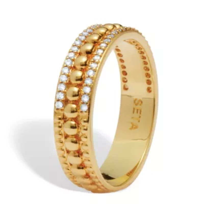 Triple Row Yellow Gold-Plated Round Crystal Band Ring