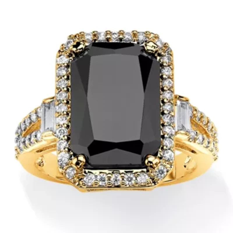 10.34 TCW Emerald Cut Black Cubic Zirconia Yellow Gold-Plated Ring