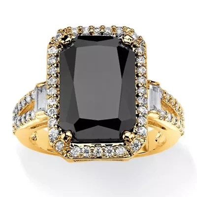 10.34 TCW Emerald Cut Black Cubic Zirconia Yellow Gold-Plated Ring