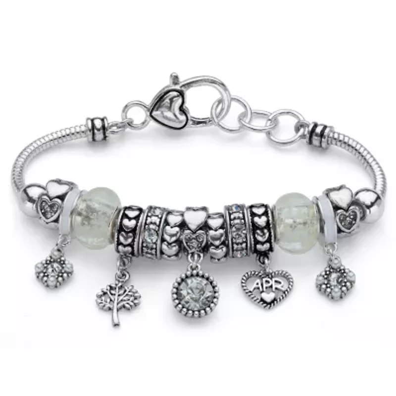 Birthstone Silvertone Bali-Style Beaded Charm Bracelet 8"