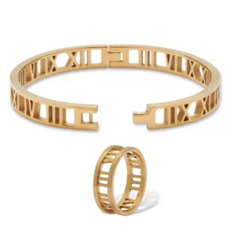 Roman Numeral Gold Ion-Plated Stainless Steel Bracelet and Ring Set