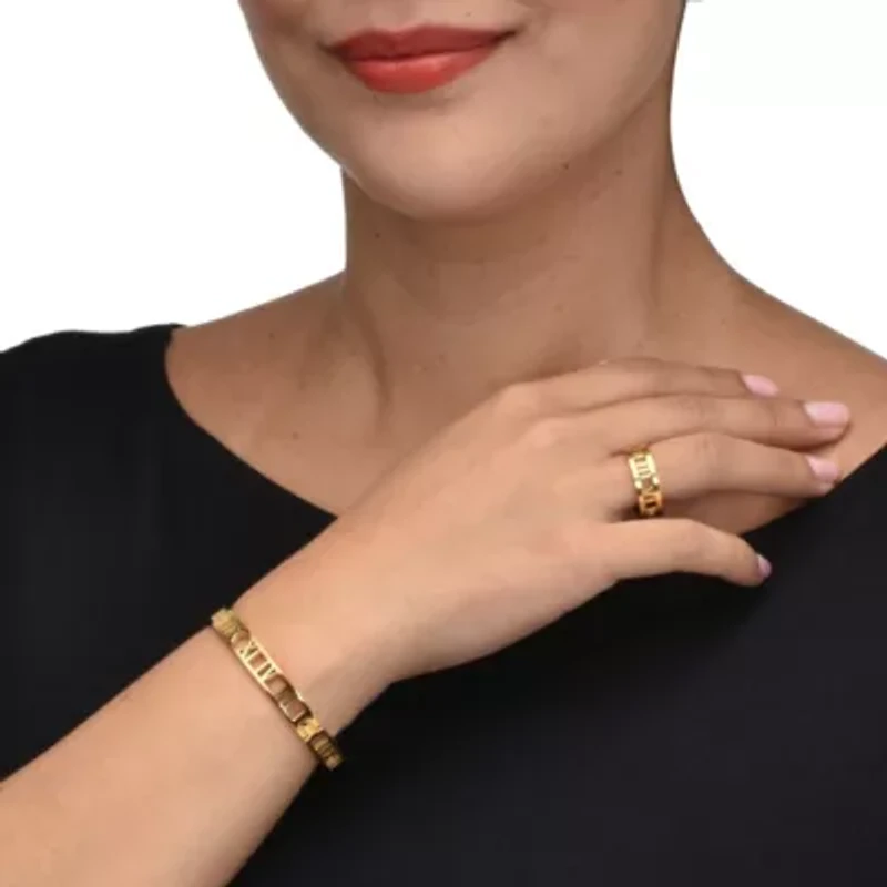 Roman Numeral Gold Ion-Plated Stainless Steel Bracelet and Ring Set