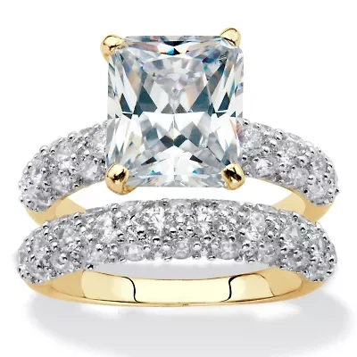 6.50 Cttw. Emerald-Cut Gold-Plated Cubic Zirconia 2-Piece Wedding Ring Set